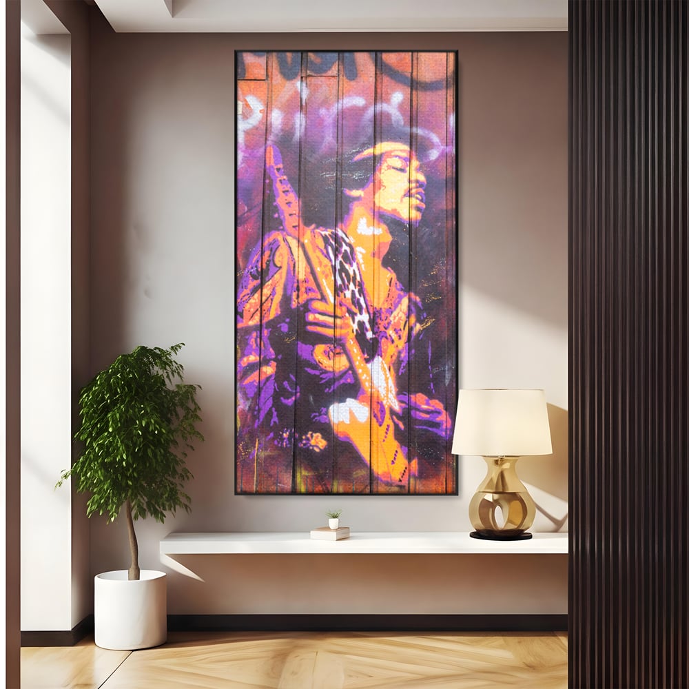 Tablou canvas cu tablou canvas cu jimi hendrix cantand la chitara, in rama de aluminiu negru
